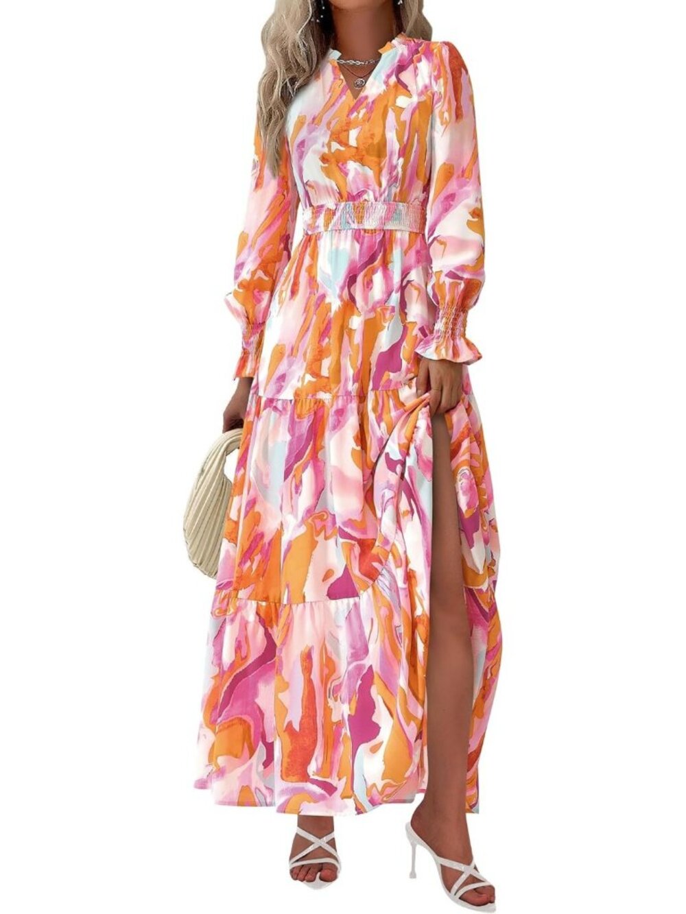 PrettyGarden Women's Floral Brown Purple V Neck A Line Flowy Maxi Long Dress